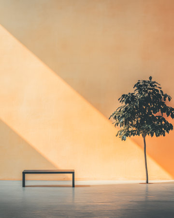 A contemporary indoor space features a simple black bench beside a lush green tree. Sunlight streams through a window casting long shadows on the light orange wall.の素材