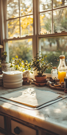 Sunlight streams through the windows of a cozy kitchen filled with plates jars and a bottle of juice. A small plant adds life to the cheerful atmosphere perfect for meal preparation.の素材