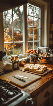 A warm kitchen filled with baked goods and jars of preserves. The window reveals a colorful autumn landscape creating a cozy atmosphere for cooking and enjoying the season.の素材