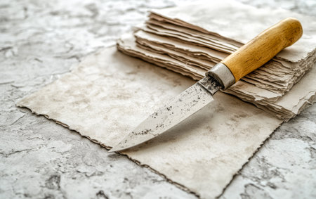 A sharp knife rests on layered textured paper with a natural finish. The setting features a light gray surface highlighting the craft of paper cutting in a calm environment.の素材