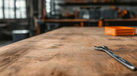 A metallic wrench rests on a wooden surface in a workshop filled with various tools and equipment. The atmosphere is industrial with a focus on craftsmanship and repair activities.の素材