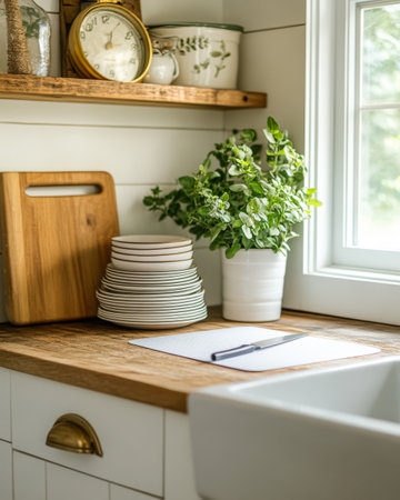Bright kitchen features a wooden countertop adorned with stacked plates and a cutting board. A white pot with fresh herbs adds a touch of greenery and warmth to the space.の素材