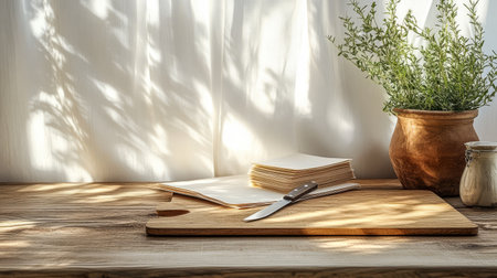 Soft sunlight filters through sheer curtains highlighting a wooden cutting board with a knife stacks of paper and a potted plant creating a warm and inviting kitchen atmosphere.の素材