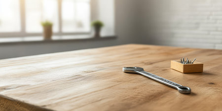 A wrench rests on a wooden table complemented by a small box of nails. Sunlight pours through the nearby window creating a tranquil workspace atmosphere.の素材