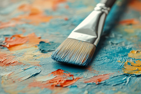 A paintbrush lies on a textured canvas covered with a mix of vibrant colors showcasing the artistic process. Swirls of blue orange and yellow create a lively atmosphere.の素材