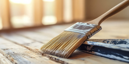 A person applies paint to a wooden surface using a brush. Sunlight streams through a window illuminating the workspace. The scene captures the essence of a home improvement project in progress.の素材