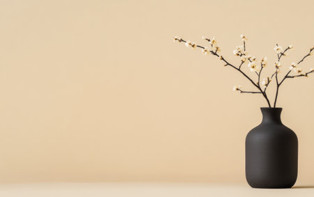 A sleek black vase holds slender branches adorned with tiny white flowers set against a smooth beige backdrop. This composition emphasizes simplicity and elegance in interior decor.の素材