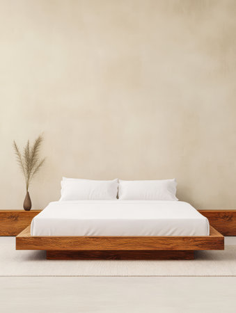 A spacious bedroom features a low wooden platform bed with a simple white mattress. The walls are painted in a soft neutral color creating a calming atmosphere.の素材