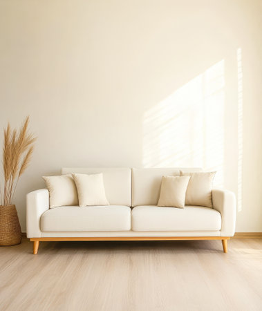 A comfortable beige sofa with cushions is showcased in a tranquil living room. Sunlight filters through large windows illuminating the space and highlighting soft decor elements like a woven basket.の素材