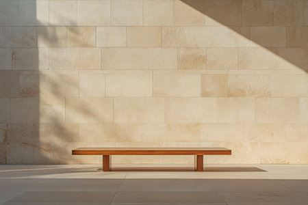 A spacious outdoor area features a sleek wooden bench positioned in front of a smooth stone wall bathed in warm sunlight. Shadows cast add depth to the simple design.の素材