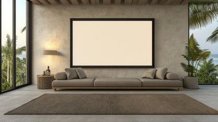 This modern living room features a spacious layout with a large blank screen mounted on the wall.の素材