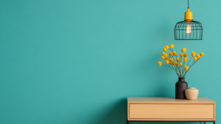 A well-arranged table holds a black vase with yellow flowers accented by a small white pot and a hanging light fixture all set against a bright teal wall for a cheerful ambiance.の素材