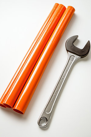 Two orange pipes are placed alongside a silver wrench indicating preparations for a home repair project. The focus is on essential tools for DIY tasks.の素材
