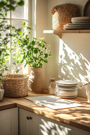 Sunlight filters through a window onto a kitchen countertop adorned with green plants woven baskets and stacks of plates. The warm glow highlights textures and evokes a serene atmosphere.の素材