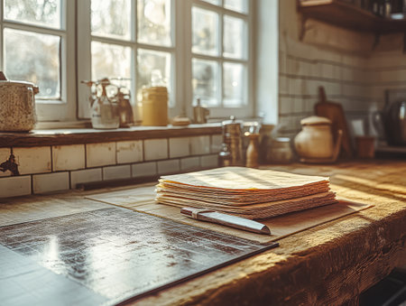 A bright kitchen filled with warm sunlight highlights a wooden table. Stacked sheets of dough rest beside a shining knife creating an inviting atmosphere for baking.の素材
