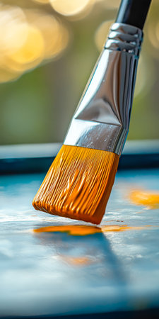 A close-up of a paintbrush with orange paint gliding across a canvas capturing the creativity in a well-lit studio filled with artistic potential and inspiration.の素材