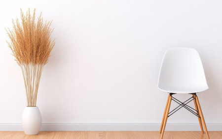 A minimalist interior space highlights a sleek white chair next to a tall vase filled with dried plants. The clean neutral backdrop enhances the simplicity and elegance of the decor.の素材