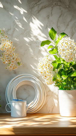 Sunlight streams into a room illuminating vibrant white flowers in a pot alongside a watering can and a garden hose coiled on a wooden surface creating a serene atmosphere.の素材