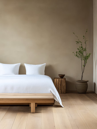 A spacious bedroom showcases a wooden bed frame with white bedding accompanied by a natural wood side table and a potted plant. Soft neutral walls create a calming atmosphere.の素材