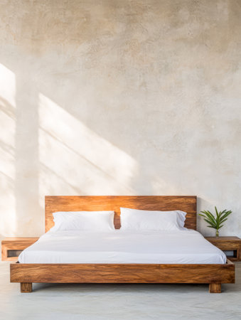 A spacious bedroom features a large wooden bed with white bedding complemented by a small plant. Sunlight streams through the windows illuminating the airy space.の素材