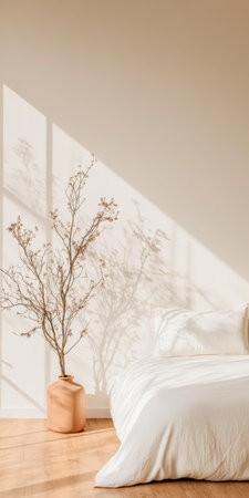 A serene bedroom features a minimalist design with soft white bedding and light wood flooring. A decorative branch in a vase casts shadows across the wall illuminated by natural sunlight.の素材