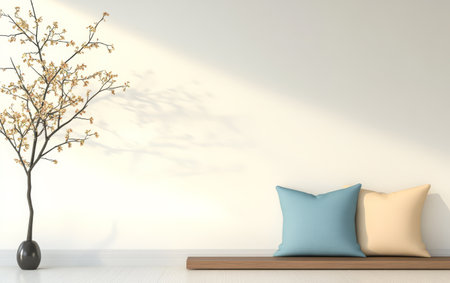 Soft sunlight illuminates a minimalistic indoor space featuring two decorative pillows positioned on a wooden bench. A slender plant adds a touch of nature against the wall.の素材