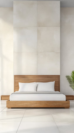 Spacious bedroom with a simple wooden platform bed adorned with white bedding. The bright airy atmosphere is enhanced by large windows creating a tranquil and inviting space.の素材