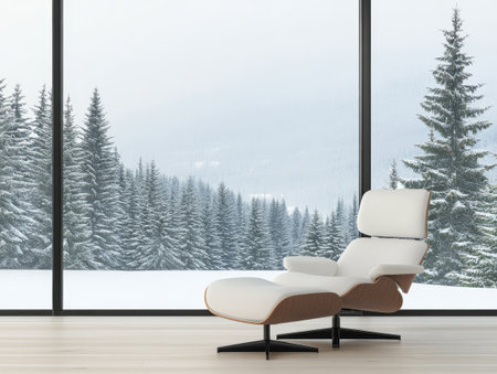 A stylish white lounge chair is positioned next to a large window showcasing a beautiful snowy forest. The serene winter landscape outside creates a peaceful atmosphere indoors.の素材