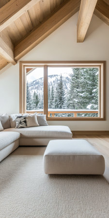 A stylish living room features a spacious light-colored sofa soft cushions and a panoramic window showcasing beautiful snow-covered mountains and evergreen trees in winter.の素材