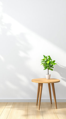 A small wooden table stands against a blank wall with soft sunlight streaming in highlighting a vibrant green potted plant resting on top creating a calming atmosphere.の素材