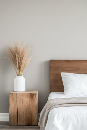 A tranquil bedroom corner features a minimalist bed with white bedding a wooden headboard and a stylish nightstand. A vase with dried plants adds a natural touch to the serene atmosphere.の素材
