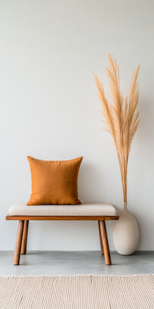 A stylish wooden bench with a beige cushion sits against a minimalist wall. A vibrant orange pillow adds a pop of color. Nearby a modern vase holds elegant dried plants creating a serene atmosphere.の素材