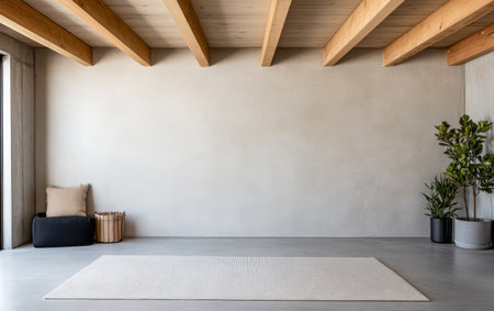 A clean and spacious room showcases minimalist design with wooden beams a neutral color palette and large windows allowing for ample natural light. Potted plants add a touch of greenery.の素材
