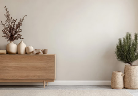 A stylish space showcases a wooden cabinet decorated with vases and natural elements. Two potted plants add greenery creating a warm and inviting atmosphere in this modern room.の素材