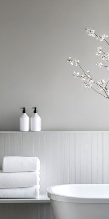 This calming bathroom features a clean minimalistic design with neatly arranged white towels. A simple flower arrangement adds a touch of elegance to the space enhancing the peaceful atmosphere.の素材