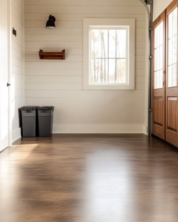 A well-lit garage features a smooth wooden floor and a large window that offers natural light. Two bins are placed against the wall while wooden double doors stand open.の素材