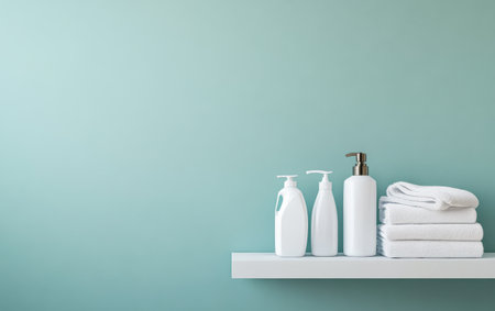 A minimalist bathroom shelf features three white bottles alongside neatly folded white towels set against a calming blue wall. The arrangement emphasizes cleanliness and simplicity.の素材