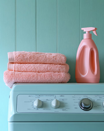 Soft pink towels stacked neatly beside a bottle of detergent on a turquoise washing machine in a well-lit laundry room. The colors create a refreshing atmosphere.の素材