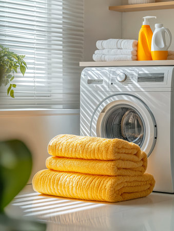 A vibrant laundry area features neatly stacked yellow towels in front of a washing machine. Sunlight streams through blinds enhancing the clean and fresh atmosphere of the space.の素材