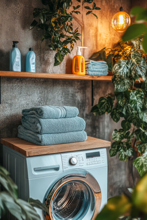 A bright laundry area features a washing machine topped with soft towels and surrounded by lush greenery. Shelves are adorned with cleaning supplies creating a warm atmosphere.の素材