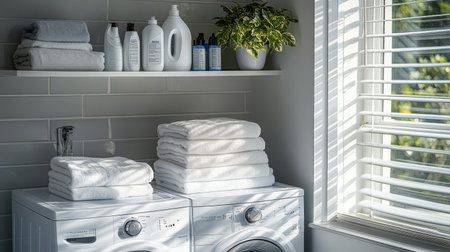 Soft fluffy towels are stacked on top of a washing machine in a well-lit laundry room. Shelves above hold various laundry products beside a small green plant enhancing the space's freshness.の素材