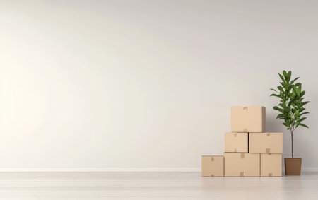 Cardboard boxes are organized in a neat stack next to a vibrant potted plant in a bright and uncluttered indoor area. Natural light filters through enhancing the simplicity.の素材