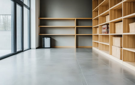 A modern interior showcases spacious wooden shelves and organized storage baskets. Natural light floods the area through large windows enhancing the minimalist aesthetic of the space.の素材