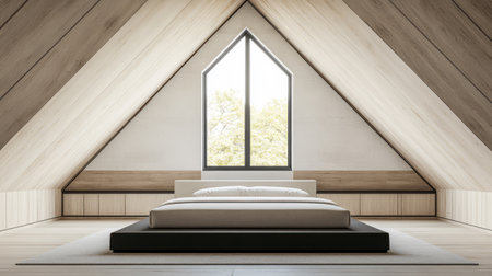 A contemporary attic bedroom features a large geometric window providing natural light a simple bed on a dark base and wooden walls. The design emphasizes minimalism and comfort.の素材