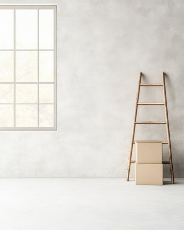 A wooden ladder leans against a smooth wall beside two stacked boxes. Sunlight filters through a large window illuminating the serene and minimalistic interior design.の素材