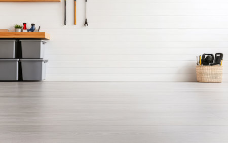 A clean and organized garage space displays storage bins stacked under a workbench. Tools hang neatly on the wall while a woven basket holds additional equipment highlighting a tidy atmosphere.の素材