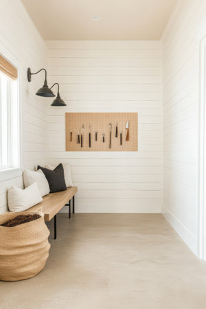 A bright entryway features a wooden bench with cushions a woven basket and a wall display of decorative tools. Natural light streams through the windows enhancing the minimalist style.の素材
