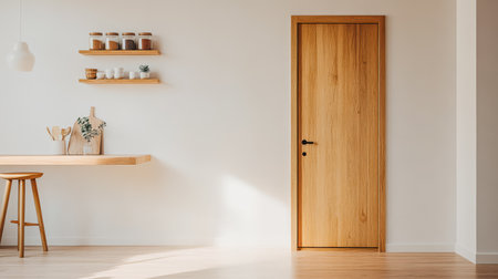 A wooden door stands closed in a bright minimalistic room. Shelves above a wooden table display jars and plants creating an inviting atmosphere enhanced by natural light.の素材