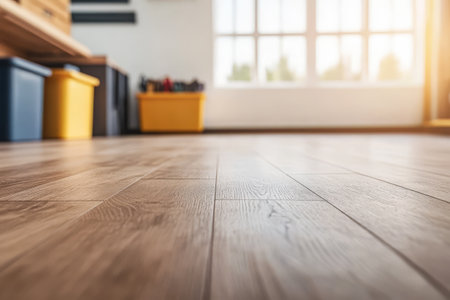 A wooden floor reflects warm light in a spacious room filled with windows. Colorful storage bins are neatly arranged near the walls enhancing the organized atmosphere.の素材