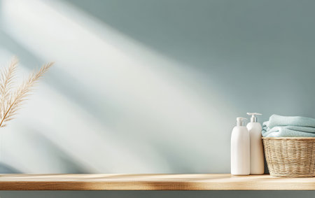 Soft natural light fills a calm bathroom shelf featuring elegant containers plush towels and decorative greenery creating a serene and inviting atmosphere for self-care.の素材